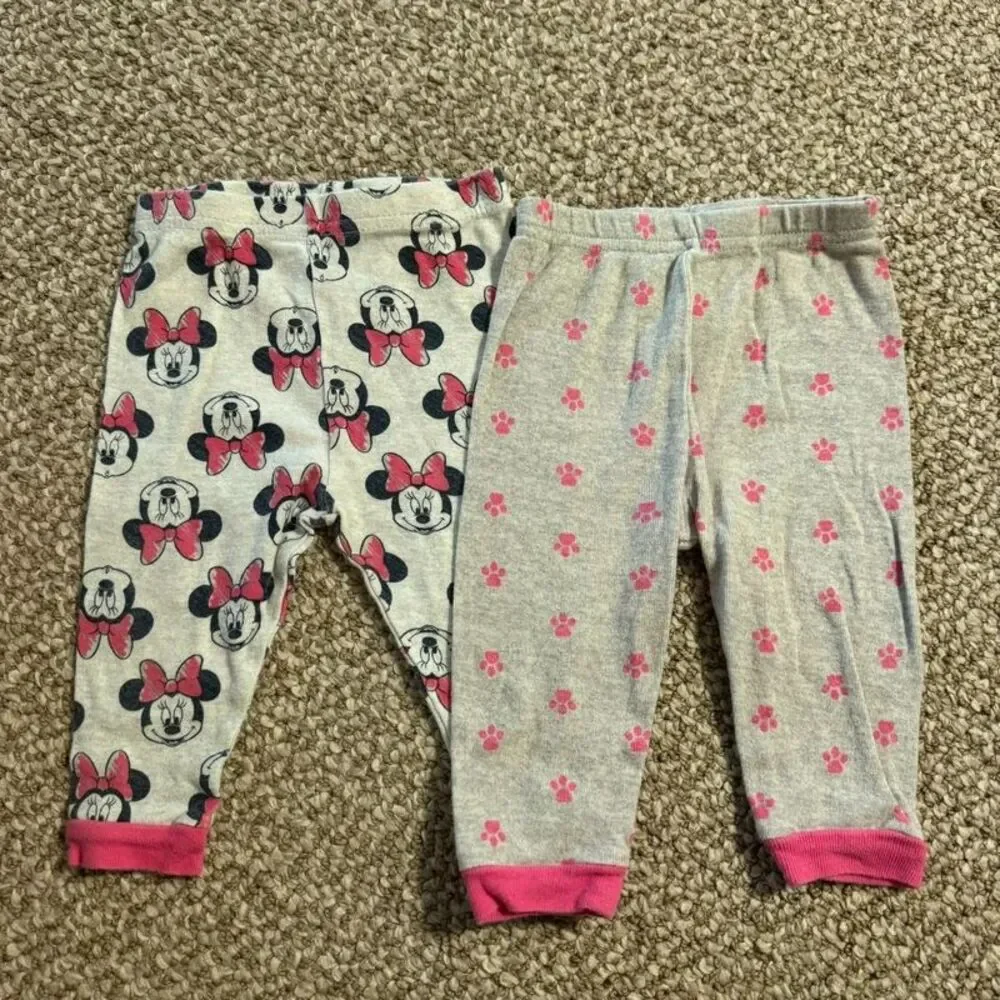Lot of 2 Baby Girl Disney Minnie Mouse Pajama Pants Gray Pink Paw Print 12 Month